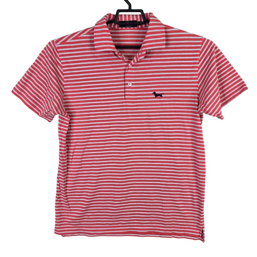 Mens Seaside Red & Gray Striped Polo Shirt Short Sleeve Cotton Stretch Size M